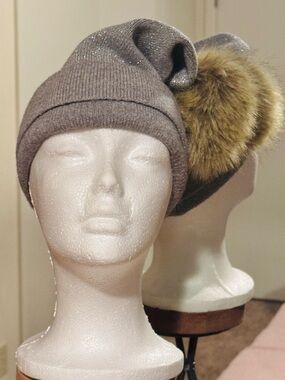 Knit Pom-Pom Beanie Hat in Grey and Silver